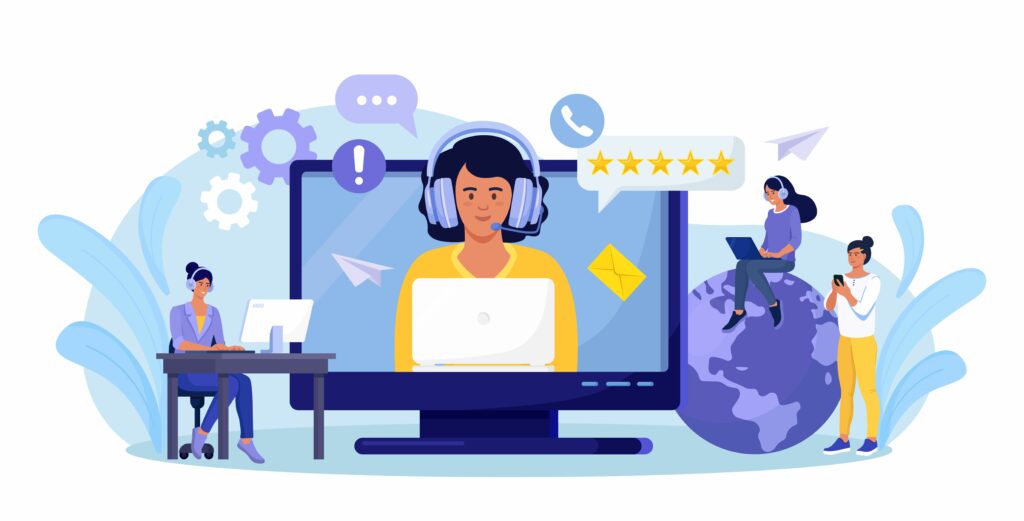 An illustration depicting customer support and communication themes. A large computer screen shows a representative wearing a headset, working on a laptop, symbolizing online or remote support. Surrounding the main figure are icons representing various communication tools, including a phone, email, chat bubbles, and a five-star rating. Other characters in the scene are shown working on devices, with one sitting on a globe, emphasizing global connectivity and support services. The overall image conveys the concept of efficient and accessible customer service.