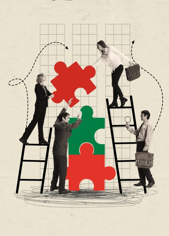 Contemporary art collage. People making puzzles with ladder, symbolizing team work. Concept of partnership, team, career, motivation, achievement, professional growth.